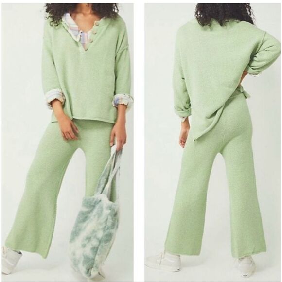 Free People Beach Hailee Wide Leg Knit Cropped Pants Green Small‎ - Picture 1 of 8